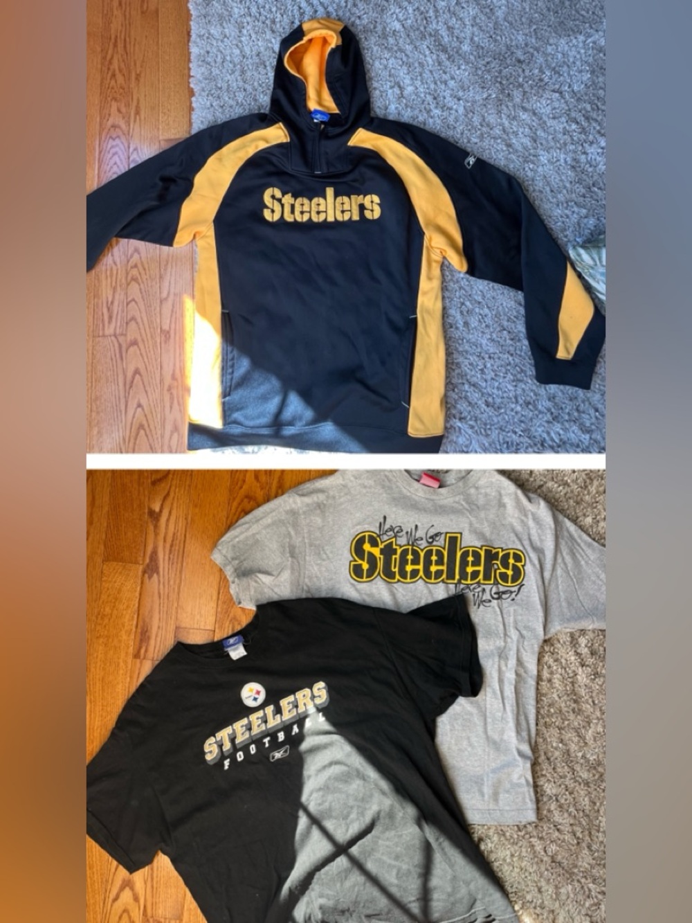 LOT Of 3 Pittsburgh Steelers swag. 2 TEE shirts and  Hooded Pullover